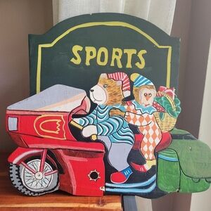 Vintage Handmade Wooden Teddy Bear Monkey Mailing Holder Motorcycle Handcarved